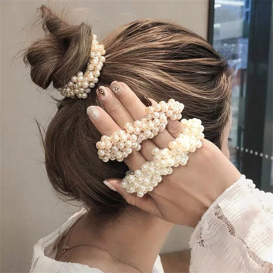Woman Elegant Pearl Hair Ties  - Silicone Band Women avaliação e preço