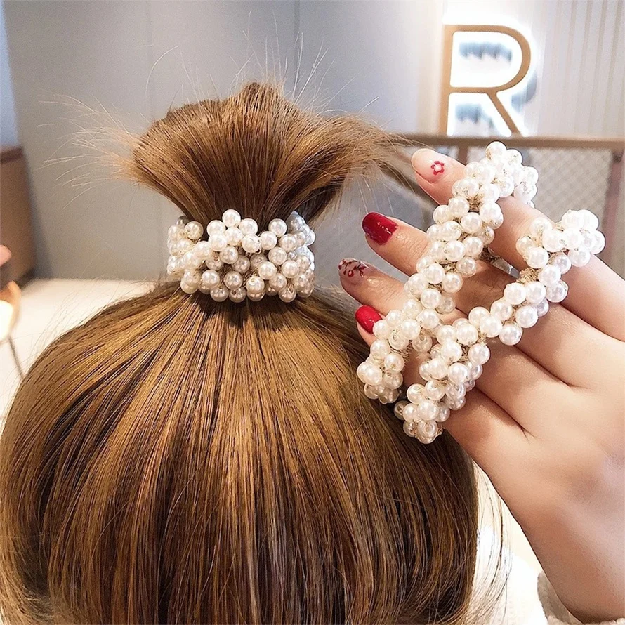Woman Elegant Pearl Hair Ties  - Silicone Band Women avaliação e preço