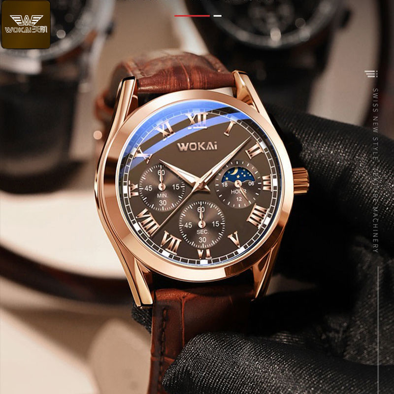 WOKAI Fashion Casual Business  - Leather Watch Band Men avaliação e preço